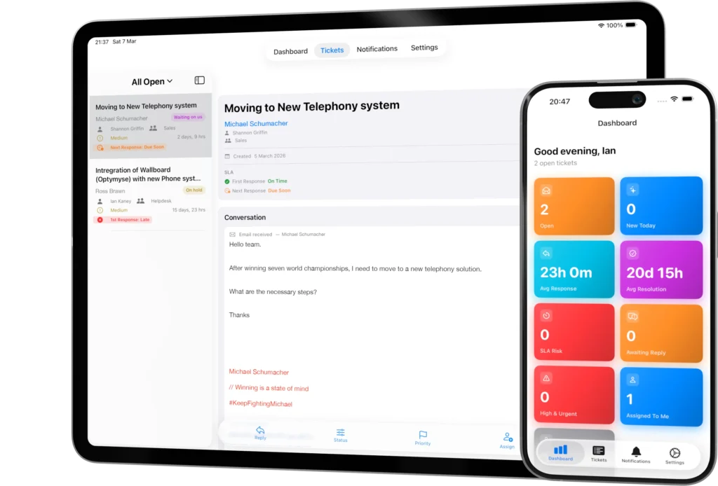 Servicefront mobile app showing a HubSpot Help Desk ticket queue