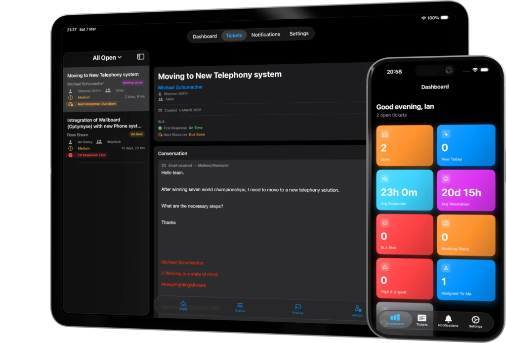 Servicefront mobile app showing a HubSpot Help Desk ticket queue